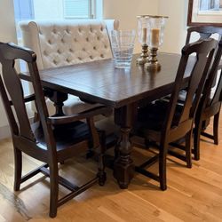 Pottery Barn Dining Set - Table, 4 Chairs, Tufted Wing Back Bench
