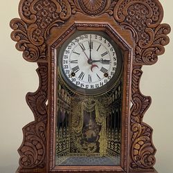 Antique E. Ingraham Gila clock 8 Day Gong Chime Calendar Clock Art Deco Glass