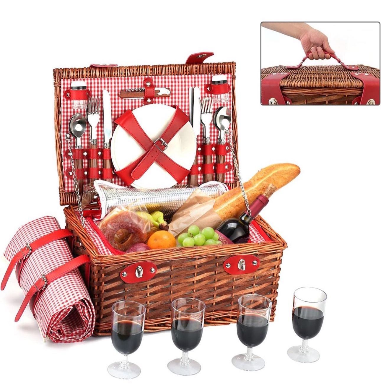 Picnic Basket Set for 4 Person - (Top Handle) Picnic Hamper Cutlery Set Include Large Insulated Cooler Bag and Waterproof Picnic Blanket, Willow Picni