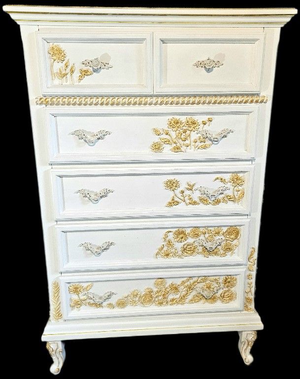 French Country Floral Dresser With Gilded Details