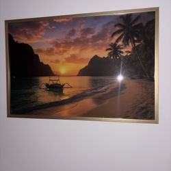 Large Gold Framed Tropical Sunset Beach Wall Art – 25” x 37”
