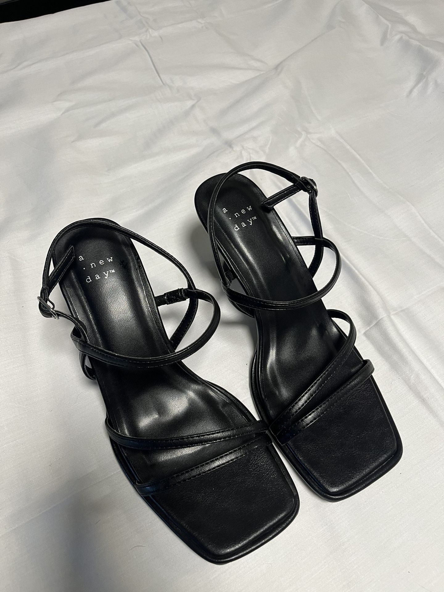 Black leather square toe sandals with adjustable ankle straps