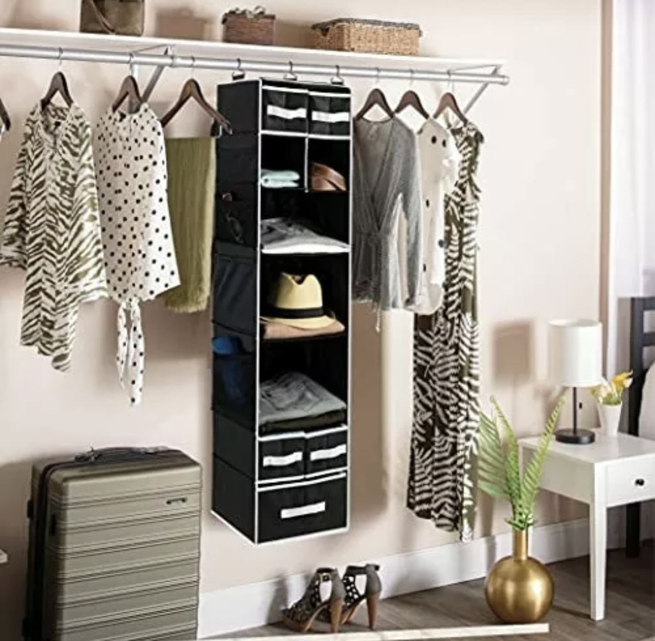 BRAND NEW 9 Shelf Hanging Closet Organizer System with 5 Drawers, 7 Shelves, 8 Mesh Pockets - Measures 12”x12”x52” High