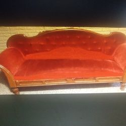 Fainting Antique Button Back Red Velour Victorian Sofa 