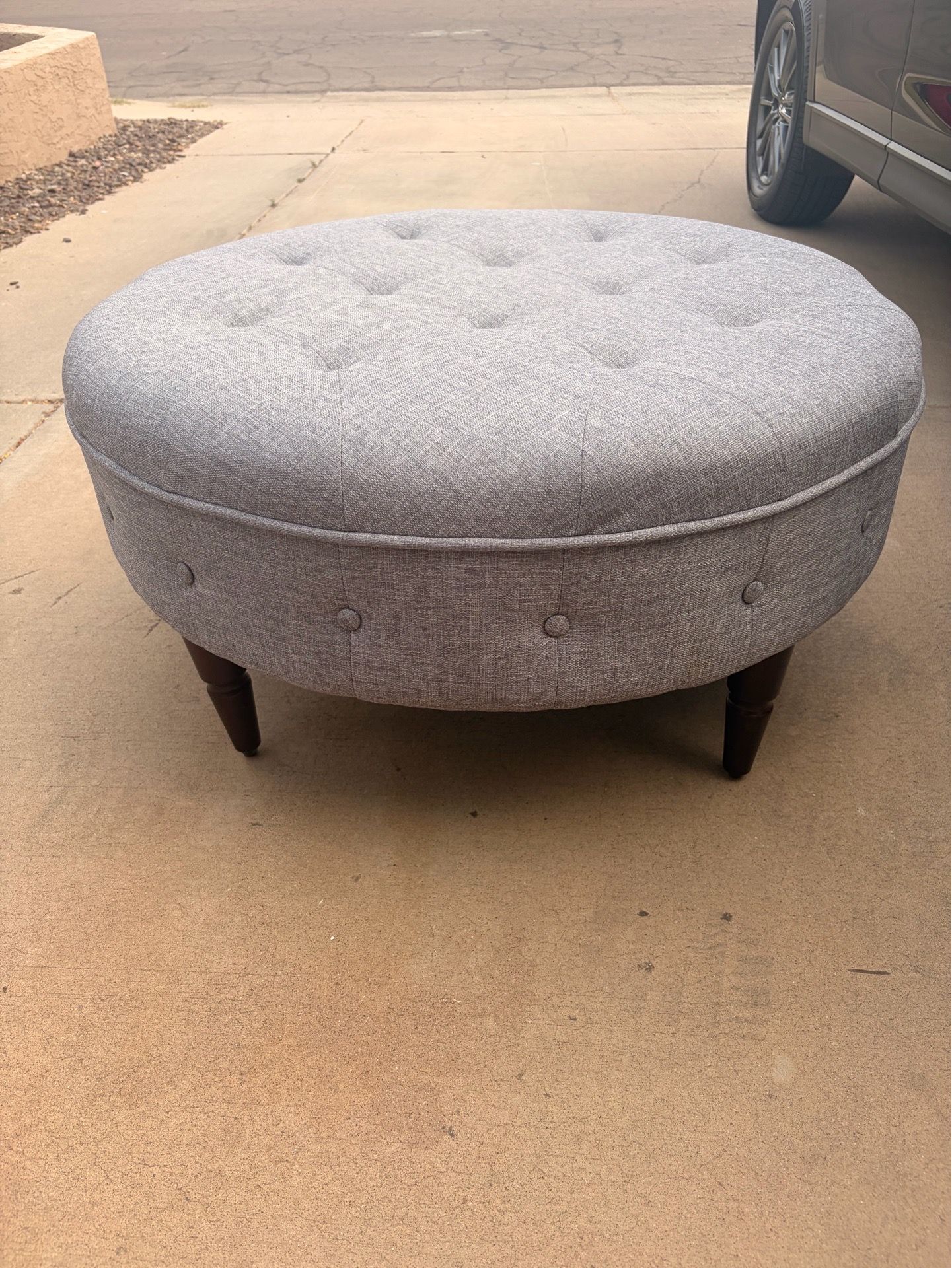 Round Tufted Ottoman / Coffee Table – Gray Fabric