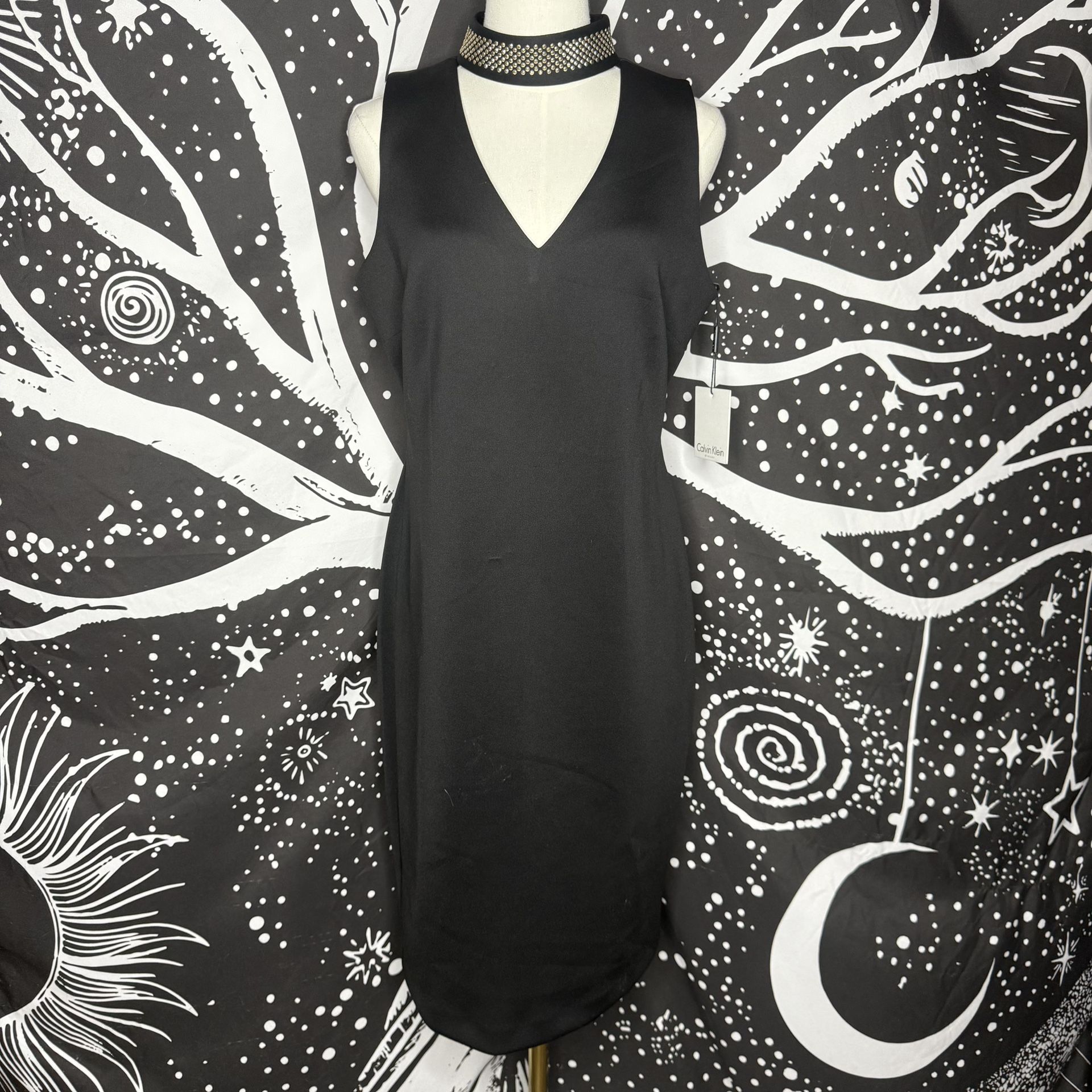 Calvin Klein Black Sheath Dress NWT Studded Choker V-Neck Scuba Knit Sz 10 Party