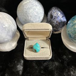 Fancy Cut Sterling Silver Turquoise Cabochon Ring, Size 7