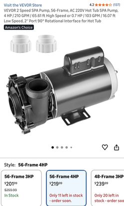 VEVOR 2 Speed SPA Pump, 56-Frame, AC 220V Hot Tub SPA Pump, 4 HP / 210 GPM / 65.61 ft High Speed or 0.7 HP / 103 GPM / 16.07 ft Low Speed, 2'' Port 90