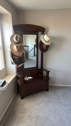 Dark Wood Hall Tree with Mirror and Storage Bench