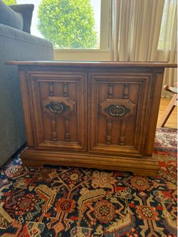 Vintage Wooden Cabinet End Table Wood Carving with Brass Pull Rings