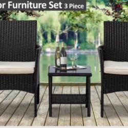 Brand New 3 Piece Outdoor Patio Set 2 Chairs Beige Cushion 1 Side Table