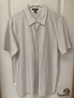 Brand New! Alfani short-sleeve button-down shirt in white with tan and gray vertical stripes. Men Size Medium.