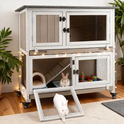 36" L Rabbit Hutch Indoor Wooden 2 Story Bunny Hutch Rabbit Cage Outdoor Bunny Cage, Pet House, Grey