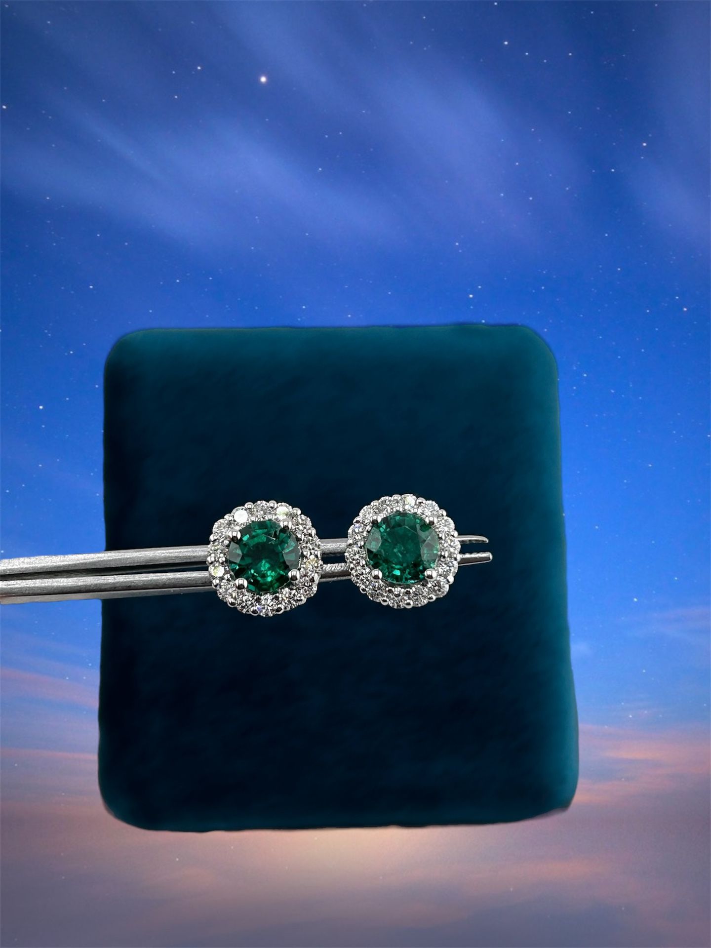 Emerald Halo Stud Earring In 14k White Gold
