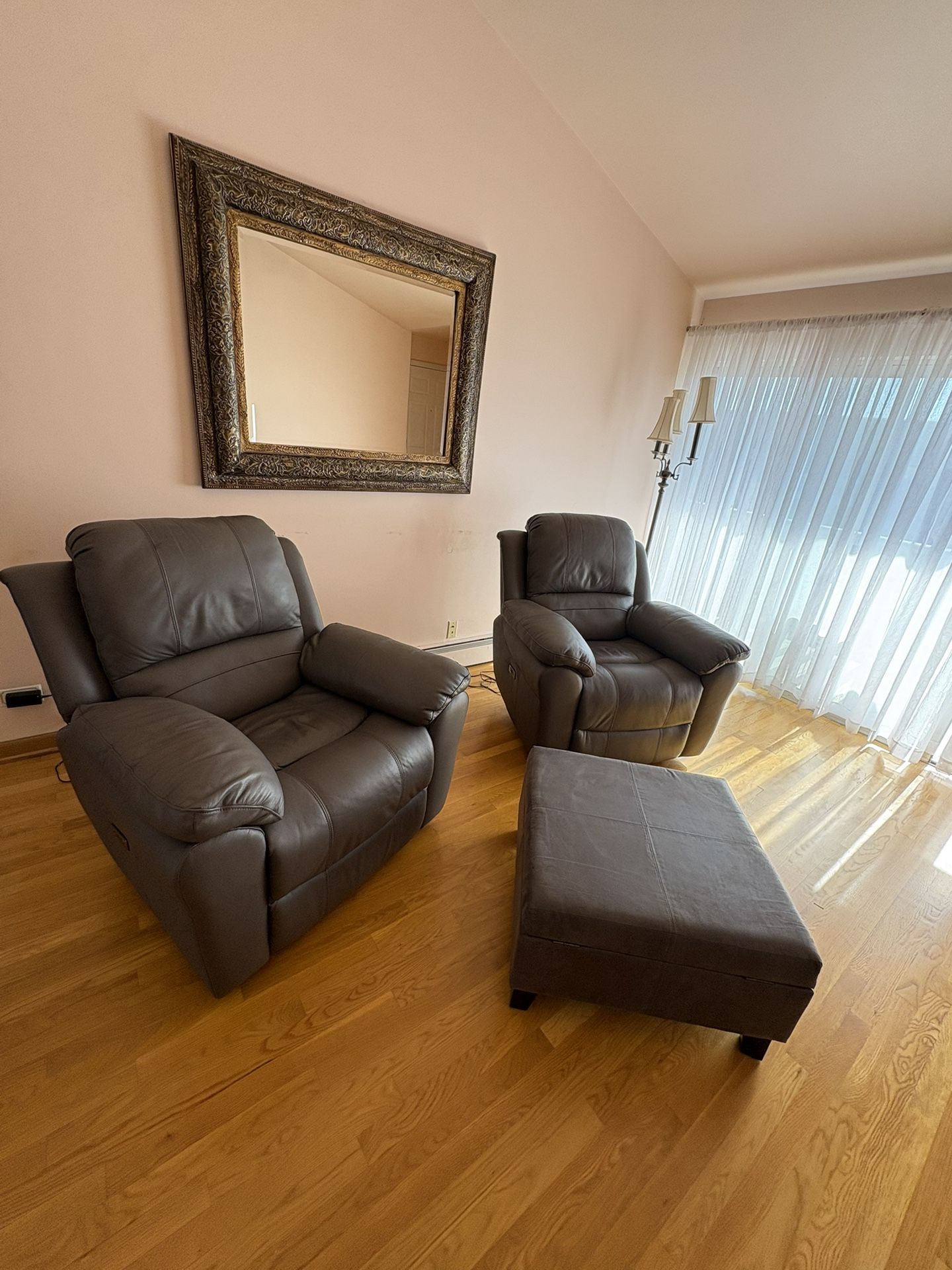 Two - leather power recliners with USB port and Large Faux Leather Square Storage Ottoman