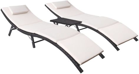 3 Pieces Lounge with Cushions Unadjustable Modern Outdoor Furniture Set PE Wicker Rattan Backrest Lounger Chair Patio Folding Chaise Lounge with Fold