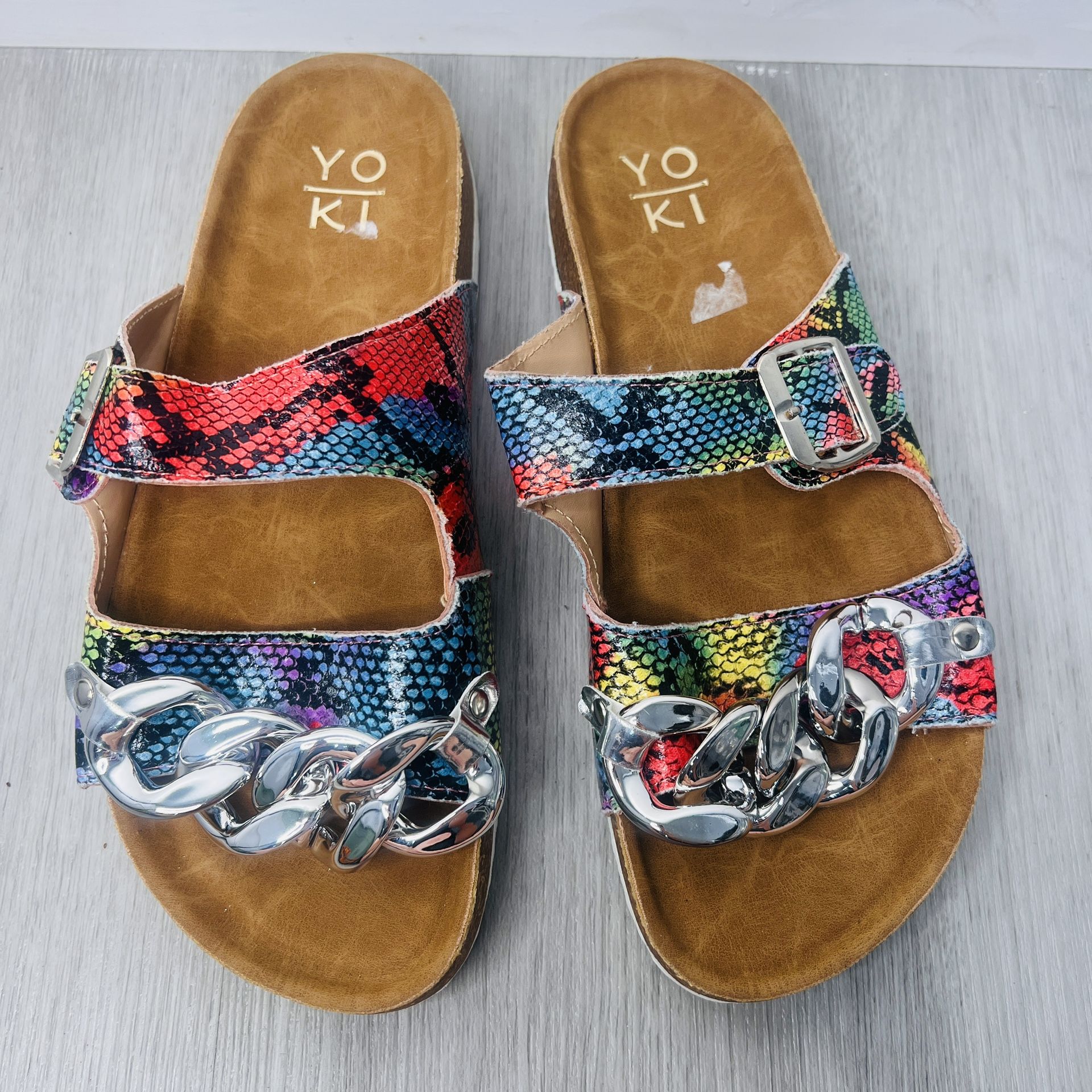 Women’s Shoes Yoki Multicolored Silver Braided Snakeskin Slide Sandals Size 7.5