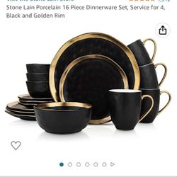 Stone Lain Porcelain 16 Piece Dinnerware Set, Service for 4, Black and Golden Rim