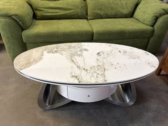 47.2'' Oval Modern Coffee Table Luxury Faux Marble Top Stainless Steel Base