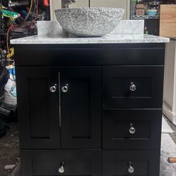 Black Bathroom Vanity w/ Marble Top & Stone Vessel Sink - Excellent Condition