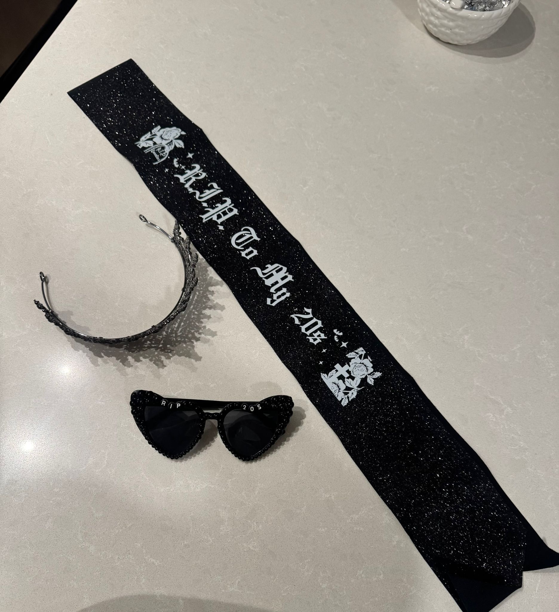 Black Crown Tiara Rip to My 20s Sash and Death to My 20s Sunglasses