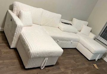 NEW IN  BOX - Beige Sectional And STORAGE And Pulled Out Bed ** Finance Available $54 down