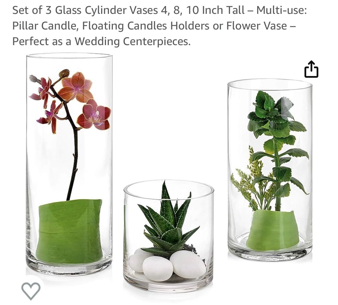 Set of 3 Glass Cylinder Vases 4, 8, 10 Inch Tall – Multi-use: Pillar Candle, Floating Candles Holders or Flower Vase – Perfect as a Wedding Centerpiec