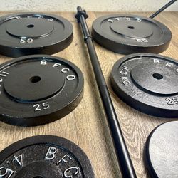 BRAND NEW:  6 ft Standard Bar With VINTAGE Cast Iron Weight Plates: 50s,25s, 10s, 7.5s  And 5s. (Total: 215 lbs)  