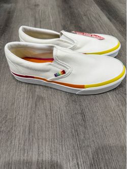 Vans White Slip-On Shoes with Rainbow Trim