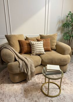 Oversized Curved Tan Loveseat - 🚚 $10 Delivery Available