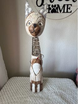 Vintage Brown Wooden Hand Carved And Painted Large Standing Cat 20” Spring Neck