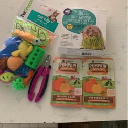 Love Cats! Unopened Bag Of 11 Toys, Cat Grass Kit, Nail Trimmer, 3 Pouches Pumpkin Digestive Aid—Love Cats!
