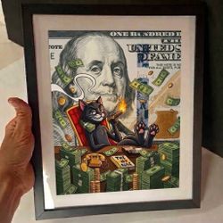 Funny Cat Smoking Cigar on Money Art Print 10”x12
