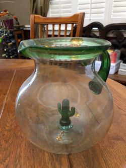 Hand Blown Glass Pitcher with Cactus Detail