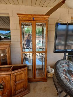 Pecan cabinet with etched glass vintage mid-century