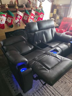 Black leather Immersive audio power reclining loveseat