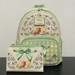 Loungefly Disney Winnie the Pooh Floral Gingham Mini Backpack and Wallet