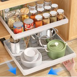2 Pack Pull Out Cabinet Organizers Expandable, Slide Out Drawers for Kitchen, Bathroom, Pantry, Under Sink Storage, Pull Out Drawers Fixed with Adhesi