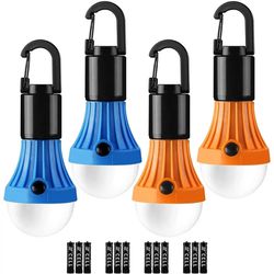 4-Pack LED Camping Lanterns, Camping Accessories, 3 Lighting Modes, Batteries Included Hanging Tent Light Bulbs with Clip Hook for Camping, Hiking, Hu