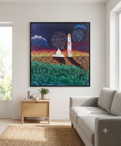 Original Expressionist Oil Painting - Washington DC Capitol & Monument Fireworks 36x40