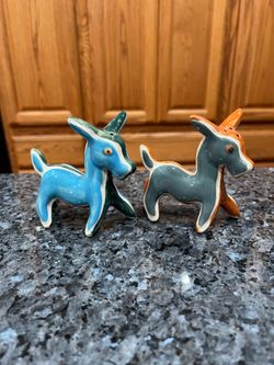 Vintage Napco Ceramic Blues & Browns Donkey Pair of Salt and Pepper Shakers.  Size approximately 3 1/2 inches tall.  Made In Japan.  Preowned.  Has be
