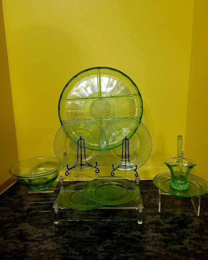 Vintage Green Uranium Depression Glass :6 Plates, Mixing Bowl , Ballerina Relish Divided Dish , Small Basket 