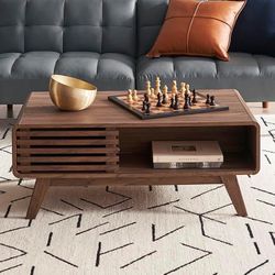 mopio Ensley Dual-Side Storage Coffee Table – Mid Century Modern Fluted Wood Table with 4 Compartments for Living Room Organization, Curved Safety Edg