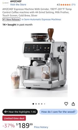 Espresso Machine With Grinder, 190℉-201℉ Temp Control Coffee machine with 44 Grind Setting, Milk Frother, Touch Screen, Cold Brew, Sliver