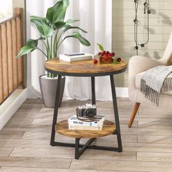 2 set 2-Tier End Table, Round Accent Bedside Table with Storage Shelf