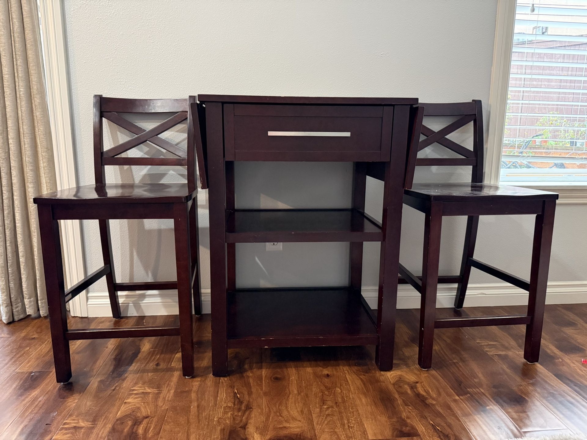 3-Piece Drop-Leaf Kitchen Island Set – Dark Wood – Includes 2 Chairs & Storage