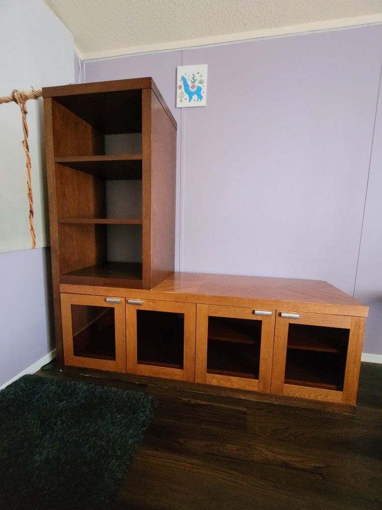 Dark Oak Bookshelf With Tempered Glass Cabinents