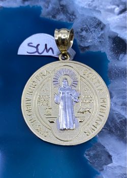 $575 Two Tone Yellow and White Gold Saint Benedict San Benito Religious Charm Pendant
