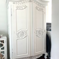 Antique Solid wood French Hand Carved  Armoire / Media  Center / Storage,  White / Gray