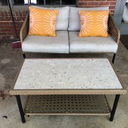 Outdoor Loveseat + Throw Pillows + Coffee Table